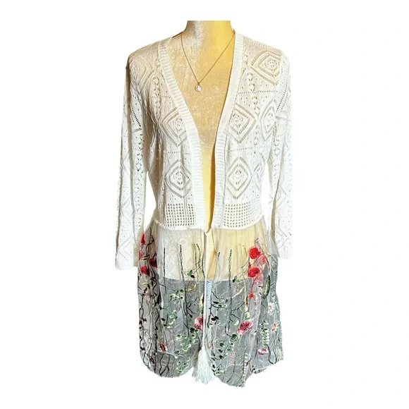 Absolutely Famous Open Knit Cardigan Duster Sz XL White Lower Embroidered Mesh - Picture 2 of 11